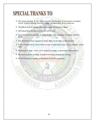 44
:
Mrs.Jayanti, principal, Sr. Sec. School and other staff members of Government secoundary
School, Nagal for allowing us to held training and appreciating for our endeavour.
Sh.Kuldeep Rana for making a better arrangement for my stay in village.
Sh.Pradeep Rana who help us to interact with farmers.
Sh.surinder Rana for providing us all the facilities while organizing the training and kisan
goshthi.
Smt. Renu Devi, Head, Aanganwari, Nagal village for providing us data of survey.
Patwariof Nagal for his sincere efforts to make us understand various aspects of village and the
maps
Sh.Dharamvir Singh, VLDA,GVD, Nagal for providing us information about livestock.
Sh.Sanjeev Rana for providing us detailed knowledge about poultry farming.
Dr.B. R. Kamboj, for guiding us throughout the RAWE programme.
 