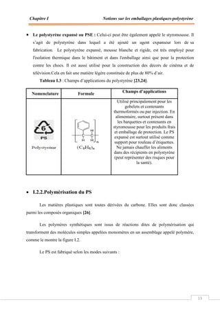 Chapitre I Notions sur les emballages plastiques-polystyrène
13
 Le polystyrène expansé ou PSE : Celui-ci peut être également appelé le styromousse. Il
s’agit de polystyrène dans lequel a été ajouté un agent expanseur lors de sa
fabrication. Le polystyrène expansé, mousse blanche et rigide, est très employé pour
l'isolation thermique dans le bâtiment et dans l'emballage ainsi que pour la protection
contre les chocs. Il est aussi utilisé pour la construction des décors de cinéma et de
télévision.Cela en fait une matière légère constituée de plus de 80% d’air.
Tableau I.3 : Champs d’applications du polystyrène [23,24].
Nomenclature Formule
Champs d’applications
Utilisé principalement pour les
gobelets et contenants
thermoformés ou par injection. En
alimentaire, surtout présent dans
les barquettes et contenants en
styromousse pour les produits frais
et emballage de protection. Le PS
expansé est surtout utilisé comme
support pour rouleau d’étiquettes.
Ne jamais chauffer les aliments
dans des récipients en polystyrène
(peut représenter des risques pour
la santé).
 I.2.2.Polymérisation du PS
Les matières plastiques sont toutes dérivées du carbone. Elles sont donc classées
parmi les composés organiques [26].
Les polymères synthétiques sont issus de réactions dites de polymérisation qui
transforment des molécules simples appelées monomères en un assemblage appelé polymère,
comme le montre la figure I.2.
Le PS est fabriqué selon les modes suivants :
 