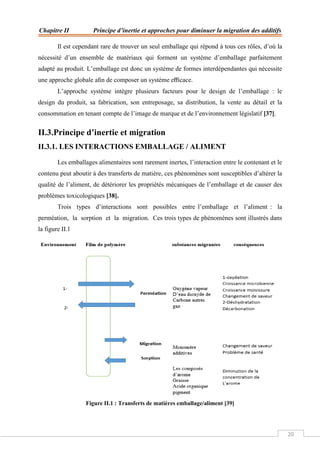 Chapitre II Principe d’inertie et approches pour diminuer la migration des additifs
20
Il est cependant rare de trouver un seul emballage qui répond à tous ces rôles, d’où la
nécessité d’un ensemble de matériaux qui forment un système d’emballage parfaitement
adapté au produit. L’emballage est donc un système de formes interdépendantes qui nécessite
une approche globale aﬁn de composer un système eﬃcace.
L’approche système intègre plusieurs facteurs pour le design de l’emballage : le
design du produit, sa fabrication, son entreposage, sa distribution, la vente au détail et la
consommation en tenant compte de l’image de marque et de l’environnement législatif [37].
II.3.Principe d’inertie et migration
II.3.1. LES INTERACTIONS EMBALLAGE / ALIMENT
Les emballages alimentaires sont rarement inertes, l’interaction entre le contenant et le
contenu peut aboutir à des transferts de matière, ces phénomènes sont susceptibles d’altérer la
qualité de l’aliment, de détériorer les propriétés mécaniques de l’emballage et de causer des
problèmes toxicologiques [38].
Trois types d’interactions sont possibles entre l’emballage et l’aliment : la
perméation, la sorption et la migration. Ces trois types de phénomènes sont illustrés dans
la figure II.1
Figure II.1 : Transferts de matières emballage/aliment [39]
 