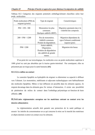 Chapitre II Principe d’inertie et approches pour diminuer la migration des additifs
25
Tableau II-2: Catégories des migrants potentiels emballage/aliment classifiées selon leur
poids moléculaire
Poids moléculaire (PM) du
migrant (g/mole)
Type de migrant Caractéristiques
PM < 250 - 300 Monomères les plus
communs.
Quelques additifs (BHT).
Migration spontanée due à la
volatilité des composés.
200 < PM < 1200 Peu de monomères.
Additifs communs.
Produit de dégradation.
Migration dépendante du
type d’aliment conditionné
(aqueux/gras).
PM> 1200
Autres additifs.
Oligomères.
Produits de dégradation
des additifs de grande
masse.
Migration très basse.
D’un point de vue toxicologique, les molécules avec un poids moléculaire supérieur à
1000 g/mol ne sont pas absorbées par le tractus gastro-intestinal. Par conséquent, elles ne
présentent pas un risque pour la santé humaine [41]
II.3.3.2.Le milieu au contact
Le caractère lipophile ou hydrophile du migrant va déterminer sa capacité à diffuser
vers l’aliment. Les monomères, stabilisants et adjuvants technologiques sont habituellement
des molécules lipophiles. Même si leur diffusion est possible dans les aliments aqueux, ils
migrent davantage dans les aliments gras. En termes d’interaction, il existe une possibilité
de pénétration du milieu de contact dans l’emballage polymérique en fonction de leurs
affinités. [40]
II.3.4.Cadre règlementaire européen sur les matériaux entrant en contact avec les
denrées alimentaires
La réglementation actuelle doit garantir une protection de la santé publique et
assurer les intérêts du consommateur en ce qui concerne la mise sur le marché des matériaux
et objets destinés à entrer en contact avec les aliments.
 
