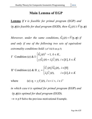 Duality	Theory	for	Composite	Geometric	Programming	
Page 14 of 27
Main Lemma of EGP
Lemma If t is feasible for primal program (EGP) and
( , )y  is feasible for dual program (EGD), then 0 ( ) ( , )G V y t 
Moreover, under the same conditions, 0 ( ) ( , )G V y t  if
and only if one of the following two sets of equivalent
extremality conditions hold: (cf		I	&	II	on	p.5)
I' Condition (e) & I
( ) 1, ,
ˆ( ) ( ), [ ],
k
k
i k k i
G k K
y G U i k k K


  

  

 
t
t t
II' Condition (e) & II
0( ) ( ), [0]
( ), [ ],
i
i
k i
U G i
y
U i k k K
 
 
 


t t
t
where (e) ( ), ,l i lyV l i i I 
   t
in which case t is optimal for primal program (EGP) and
( , )y  is optimal for dual program (EGD).
	p.9 Solve the previous motivational Example.
 