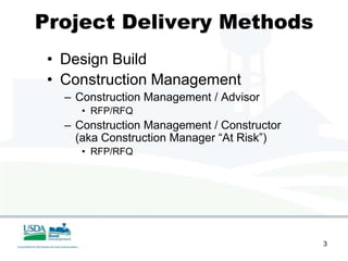 Project Delivery Methods
 • Design Build
 • Construction Management
   – Construction Management / Advisor
      • RFP/RFQ
   – Construction Management / Constructor
     (aka Construction Manager “At Risk”)
      • RFP/RFQ




                                             3
 