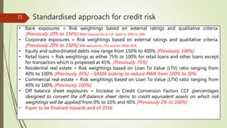 • Bank exposures = Risk weightings based on external ratings and qualitative criteria.
[Previously 20% to 150%] RWA lowered for A+/A- bank to 50% to 30%
• Corporate exposures = Risk weightings based on external ratings and qualitative criteria.
[Previously 20% to 150%] BBB reduced to 75% and for SMEs 85%
• Equity and subordinated debts now range from 150% to 400% [Previously 100%]
• Retail loans = Risk weightings as either 75% or 100% for retail loans and other loans except
for transactors which is proposed at 45%. [Previously 75%]
• Residential real estate = Risk weightings based on Loan To Value (LTV) ratio ranging from
40% to 100% [Previously 35%] – SAMA looking to reduce RWA from 100% to 50%
• Commercial real estate = Risk weightings based on Loan To Value (LTV) ratio ranging from
40% to 100% [Previously 100%]
• Off balance sheet exposures = Increase in Credit Conversion Factors CCF (percentages
designed to convert the off-balance sheet items to credit equivalent assets on which risk
weightings will be applied) from 0% to 10% and 40% [Previously 0% to 100%]
• Paper to be finalised towards end of 2016
21 Standardised approach for credit risk
 
