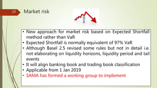 • New approach for market risk based on Expected Shortfall
method rather than VaR
• Expected Shortfall is normally equivalent of 97% VaR
• Although Basel 2.5 revised some rules but not in detail i.e.
not elaborating on liquidity horizons, liquidity period and tail
events
• It will align banking book and trading book classification
• Applicable from 1 Jan 2019
• SAMA has formed a working group to implement
23 Market risk
 