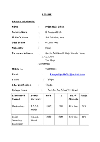 RESUME
Personal Information:
Name : Prabhdayal Singh
Father's Name : S. Gurdeep Singh
Mother's Name : Smt. Sukhdeep Kaur
Date of Birth : 01-June-1996
Nationality : Indian
Permanent Address : Sandhu Patti Near Dr.Harjot Kamal’s House
V.P.O. Ajitwal
Teh. Moga
District Moga
Mobile No. : 7508307001
Email. : Ramgarhiya.Mr001@outlook.com
Status : Single
Edu. Qualification : +2(arts)
College Name : Govt.Sen.Sec.School Vpo Ajitwal
Examination
Passed
Board/
University
From To No. of
Attempts
%age
Matriculation P.S.E.B.
Mohali
2010 2011 First time 56%
Senior
Secondary
Examination
P.S.E.B.
Mohali
2013 2014 First time 55%
 