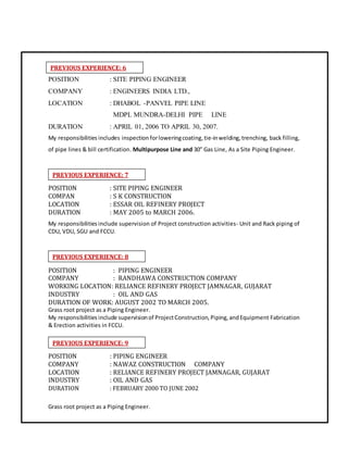 PREVIOUS EXPERIENCE: 6
POSITION : SITE PIPING ENGINEER
COMPANY : ENGINEERS INDIA LTD.,
LOCATION : DHABOL -PANVEL PIPE LINE
MDPL MUNDRA-DELHI PIPE LINE
DURATION : APRIL 01, 2006 TO APRIL 30, 2007.
My responsibilities includes inspection forloweringcoating,tie-inwelding,trenching, back filling,
of pipe lines & bill certification. Multipurpose Line and 30” Gas Line, As a Site Piping Engineer.
POSITION : SITE PIPING ENGINEER
COMPAN : S K CONSTRUCTION
LOCATION : ESSAR OIL REFINERY PROJECT
DURATION : MAY 2005 to MARCH 2006.
My responsibilities include supervision of Project construction activities- Unit and Rack piping of
CDU, VDU, SGU and FCCU.
POSITION : PIPING ENGINEER
COMPANY : RANDHAWA CONSTRUCTION COMPANY
WORKING LOCATION: RELIANCE REFINERY PROJECT JAMNAGAR, GUJARAT
INDUSTRY : OIL AND GAS
DURATION OF WORK: AUGUST 2002 TO MARCH 2005.
Grass root project as a Piping Engineer.
My responsibilities include supervisionof ProjectConstruction, Piping, andEquipment Fabrication
& Erection activities in FCCU.
POSITION : PIPING ENGINEER
COMPANY : NAWAZ CONSTRUCTION COMPANY
LOCATION : RELIANCE REFINERY PROJECT JAMNAGAR, GUJARAT
INDUSTRY : OIL AND GAS
DURATION : FEBRUARY 2000 TO JUNE 2002
Grass root project as a Piping Engineer.
PREVIOUS EXPERIENCE: 7
PREVIOUS EXPERIENCE: 8
PREVIOUS EXPERIENCE: 9
 
