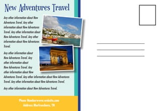 New Adventures Travel
Any other information about New
Adventures Travel. Any other
information about New Adventures
Travel. Any other information about
New Adventures Travel. Any other
information about New Adventures
Travel.
Any other information about
New Adventures Travel. Any
other information about
New Adventures Travel. Any
other information about New
Adventures Travel. Any other information about New Adventures
Travel. Any other information about New Adventures Travel.
Any other information about New Adventures Travel.
Phone Numberwww.website.com
Address Murfreesboro, TN
 