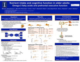 •  Internal aging clock + oxidative stress ! cognitive aging1
•  Functional measure of cognitive aging: executive function6, 7
•  Prevention of age-related cognitive decline via diet: evidence for omega-3
polyunsaturated fatty acids (n-3PUFAs)2, 3, 4
•  Eicosapentaenoic acid (EPA)
•  Docosahexaenoic acid (DHA)
•  Alpha-linolenic acid (ALA)
1.  University of Illinois, Urbana-Champaign, IL
2.  Decision Neuroscience Laboratory, Beckman Institute for Advanced Science and Technology, Urbana, IL
3.  Carle Foundation Hospital, Urbana, IL
4.  Nestlé Institute of Health Sciences SA, Aging and Cognitive Health, Switzerland
5.  Oregon Health and Science University, Department of Neurology, Layton Aging & Alzheimer’s Disease Center, Portland, OR.
Hypothesis
Methods
Dietary(
pa*erns((
Dietary(
Ques/onnaire(
Nutrient(
Biomarker(
Analysis((
Health(of(an(
Aging(Brain(
Func/onal(
MRI(
Cogni/ve(
Abili/es(
Structural(
MRI(
n-3PUFA consumption will correlate with better performance on executive
function measures.
Subjects: Healthy adults
•  N = 48, 65-75 years old, Average age= 68.83 (SD: 2.84) years
Dietary Assessment
•  Nutrient biomarker plasma assessment
Neuropsychological Assessment
•  Delis-Kaplin Executive Function System (D-KEFS) Trail Making Test
•  Switching - scanning
•  Switching - number sequencing
•  Switching - letter sequencing
•  Switching - combined number and letter sequencing
•  Switching - motor speed
Statistical Analysis
•  Principal components analysis: n-3PUFA factor score
•  Multivariate linear regressions
•  Predictors
•  n-3PUFA factor score: EPA + DHA + ALA
•  Plant n-3PUFAs: ALA
•  Marine n-3PUFAs: EPA + DHA
•  Covariates: age, education, gender, income, Metabolic Equivalent of Task (MET)
1.  Parletta, N., Milte, C.M., & Meyer, B.J. (2013). Nutritional modulation of cognitive function and mental health. Journal of Nutritional
Biochemistry, 24, 725-743.
2.  Solfrizzi, V., Panza, F., Torres, F., Mastroianni, F., Del Parigi, A., Venezia, A., & Capurso, A. (1999). High monounsaturated fatty
acids intake protects against age-related cognitive decline. Neurology, 52(8), 1563.
3.  Morris, M.C., Evans, D.A., Tangney, C.C., Bienias, J.L., & Wilson, R.S. (2005). Fish consumption and cognitive decline with age in
a large community study. Archives of Neurology, 62, 1849-1853.
4.  Yurko-Mauro, K., McCarthy, D., Rom, D., Nelson, E.B., Ryan, A.S., Blackwell, A., Salem, N., & Stedman, M. (2010). Beneficial
effects of docosahexaenoic acid on cognition in age-related cognitive decline. Alzheimer’s & Dementia, 1-9.
5.  Bowman, G.L., Silbert, L.C., Howieson, D. et al. (2012). Nutrient biomarker patterns, cognitive function, and MRI measures of brain
aging. Neurology, 78, 241-249.
6.  Johnson, J.K., Lui, L.Y., & Yeffe, K. (2007). Executive function, more than global cognition, predicts functional decline and mortality
in elderly women. Journal of Gerontology, 62(1), 1134-1141.
7.  Lezak, M.D. (1995). Neuropsychological Assessment. 3. New York: Oxford University Press.
8.  Jackon, P.A., Reay, J.L., Scholey, A.B., & Kennedy, D.O. (2012). Docosahexaenoic acid-rich fish oil modulates the cerebral
hemodynamic response to cognitive tasks in healthy young adults. Biological Psychology, 89, 183-190.
9.  Yang, Y., Lu, N., Chen, D., Meng, L., Zheng, Y., & Hui, R. (2012). Effects of n-3 PUFA supplementation on plasma soluble adhesion
molecules: a meta-analysis of randomized controlled trails. American Journal of Clinical Nutrition, 95, 972-980.
10.  Pu, H., Guo, Y., Zhang, W., Huang, K., Wang, G., Liou, A.K. et al. (2013). Omega-2 polyunsaturated fatty acid supplementation
improves neurological recovery and attenuates white matter injury after experimental traumatic brain injury. Journal of Cerebral
Blood Flow Metabolism, 33, 1474-1484.
11.  Kuczynski, B., Targan, E., Madison, C., Weiner, M., Zhang, Y., Reed, B. et al. (2010). White matter integrity and cortical metabolic
associations in aging and dementia. Alzheimers Dementia, 6, 54-62.
FUNDING: Center for Nutrition, Learning, and Memory
UIUC Neuroscience Program
CONTACT: mzamro2@illinois.edu
Results & Discussion
2
1
4
3
6
5
2
1
A
B
3
C
Question:
Does omega-3 fatty acid intake influence executive
function in a healthy, aging population?
Cogni&ve)Component) Beta) SE) P1value" R2) Sig.)Covariates))
Error(score*( 0.30( 0.15( 0.06( 0.08( M(
Switching(–(scanning( 0.75( 0.39( 0.07( 0.28( M(
Switching(–(number(sequencing*( 0.88( 0.37( 0.02( 0.27( Income(
Switching(–(number+le*er(sequencing( 0.67( 0.38( 0.08( 0.36( M(
Switching(–(motor(speed( 1.11( 0.49( 0.03( 0.38( Sex(
Predictive Power of n-3PUFA Component
Cogni&ve)Component) Beta) SE) P1value" R2) Sig.)Covariates))
Error(score*( 0.30( 0.16( 0.06( 0.07( M(
Switching(–(scanning*( 0.79( 0.35( 0.03( 0.10( M(
Switching(–(number(sequencing*( 0.95( 0.39( 0.02( 0.27( Income(
Switching(–(motor(speed*( 1.30( 0.46( 0.01( 0.15( M(
*Indicates+stepwise+regression++
Predictive Power of Marine n-3PUFAs
Conclusions:
n-3PUFAs target specific features of executive
function in beneficial ways
n-3PUFA Intake Across Sample (Standard Scores)
Future Directions
•  Increase sample size
•  Examine other nutrients: vitamins C, D, E, B complex
•  Nutrient biomarker pattern assessment5
Enhanced executive
function performance
Results:
Multivariate regressions indicate that n-3PUFAs
positively predict executive function performance
References
0(
2(
4(
6(
8(
10(
12(
14(
M3( M2( M1( 0( 1( 2( 3(
Switching)1)scanning)
n13PUFA)
6(
7(
8(
9(
10(
11(
12(
13(
M3( M2( M1( 0( 1( 2( 3(
Error)Score)
n13PUFA)
0(
2(
4(
6(
8(
10(
12(
14(
16(
M3( M2( M1( 0( 1( 2( 3(
Switching)1)number)
sequencing)
n13PUFA)
0(
2(
4(
6(
8(
10(
12(
14(
M3( M2( M1( 0( 1( 2( 3(
Switching)1)number
+leDer)sequencing)
n13PUFA)
0(
2(
4(
6(
8(
10(
12(
14(
16(
18(
20(
M3( M2( M1( 0( 1( 2( 3(
Switching)1)motor)speed)
n13PUFA)
6(
7(
8(
9(
10(
11(
12(
13(
M2.0( M1.0( 0.0( 1.0( 2.0( 3.0(
Error)Score)
n13PUFA)
0(
2(
4(
6(
8(
10(
12(
14(
M2.0( M1.0( 0.0( 1.0( 2.0( 3.0(
Switching)1)scanning)
n13PUFA)
0(
2(
4(
6(
8(
10(
12(
14(
16(
M2.0( M1.0( 0.0( 1.0( 2.0( 3.0(
Switching)1)number)
sequencing)
n13PUFA)
0(
2(
4(
6(
8(
10(
12(
14(
16(
18(
20(
M2.0( M1.0( 0.0( 1.0( 2.0( 3.0(
Switching)1)motor)speed)
n13PUFA)
Increased cerebral blood flow8
Decreased endothelial cell death9
Enhanced myelin sheath integrity10
Increased neuronal energy11
Plant n-3PUFAs
Marine n-3PUFAs
ALA DHA EPA
 