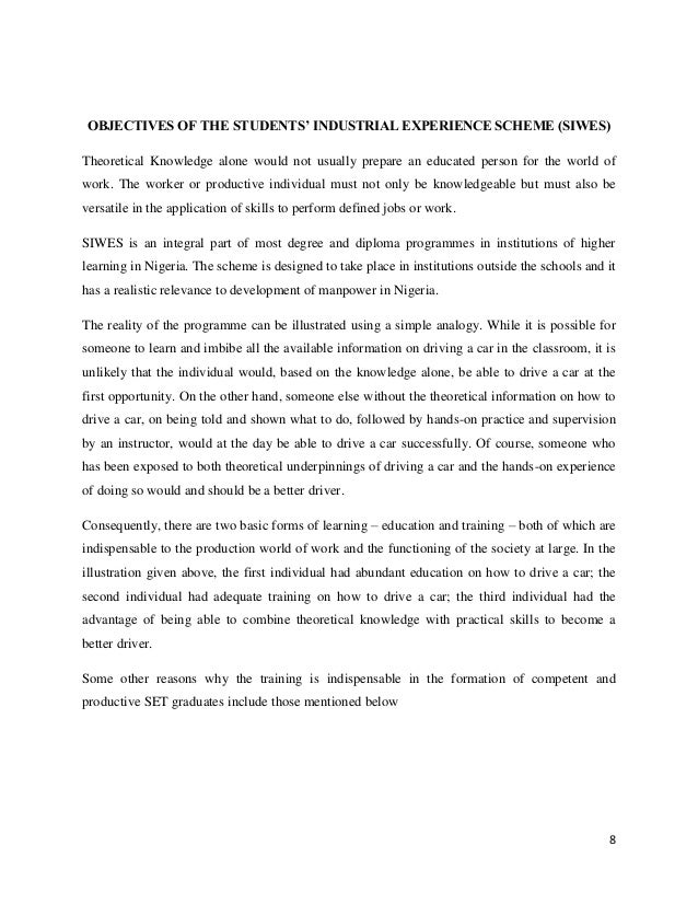 a report of the students industrial work experience scheme siwes Technical report on student industrial work experience scheme (siwes) at fedral capital development authority(fcda). a report of the students industrial work experience scheme siwes Technical report on student industrial work experience scheme (siwes) at fedral capital development authority(fcda).