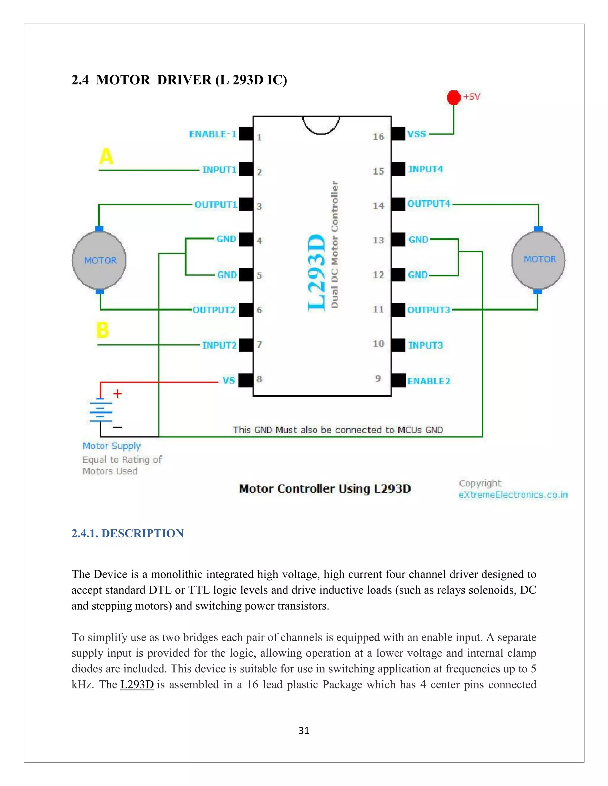 31
2.4 MOTOR DRIVER (L 293D IC)
2.4.1. DESCRIPTION
The Device is a monolithic integrated high voltage, high current four channel driver designed to
accept standard DTL or TTL logic levels and drive inductive loads (such as relays solenoids, DC
and stepping motors) and switching power transistors.
To simplify use as two bridges each pair of channels is equipped with an enable input. A separate
supply input is provided for the logic, allowing operation at a lower voltage and internal clamp
diodes are included. This device is suitable for use in switching application at frequencies up to 5
kHz. The L293D is assembled in a 16 lead plastic Package which has 4 center pins connected
 