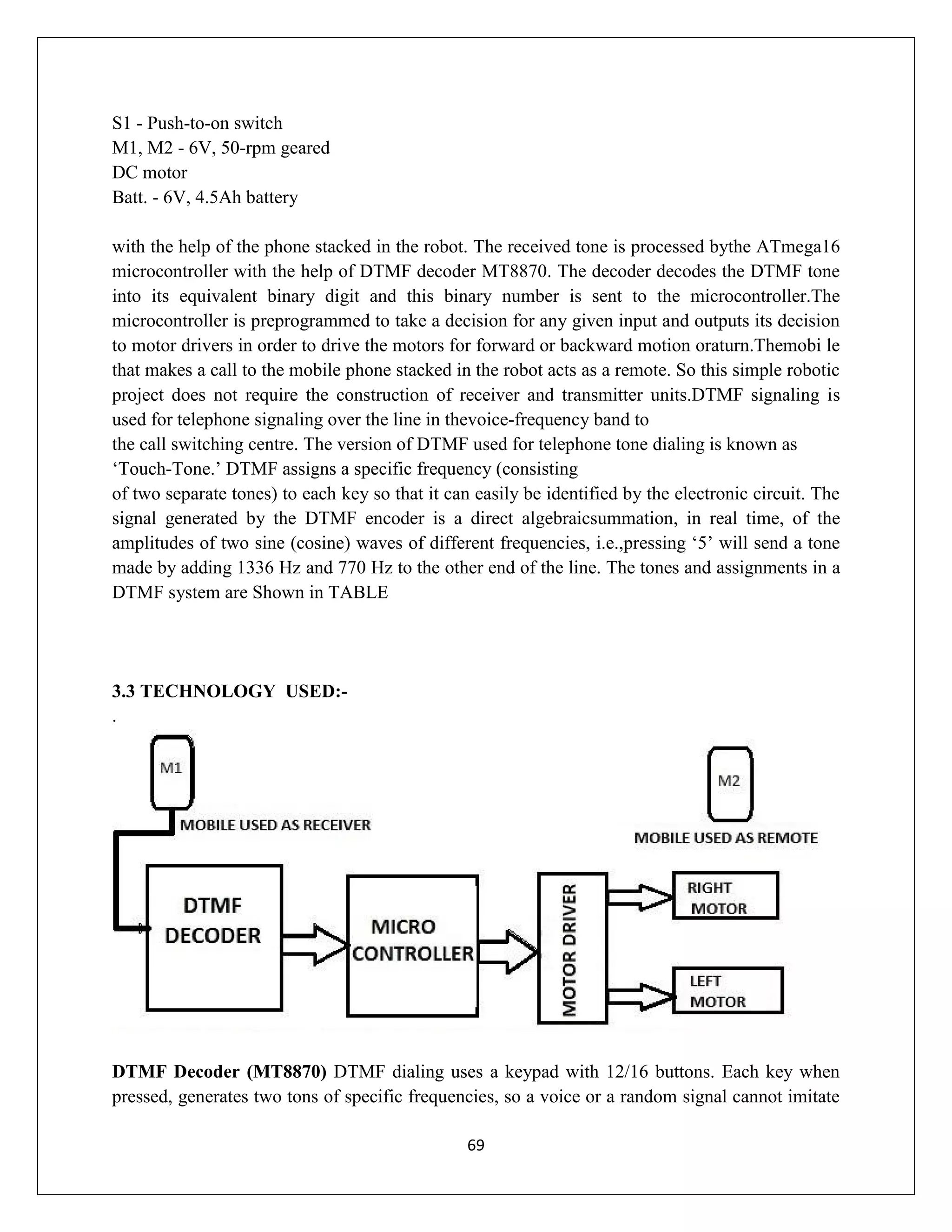 69
S1 - Push-to-on switch
M1, M2 - 6V, 50-rpm geared
DC motor
Batt. - 6V, 4.5Ah battery
with the help of the phone stacked in the robot. The received tone is processed bythe ATmega16
microcontroller with the help of DTMF decoder MT8870. The decoder decodes the DTMF tone
into its equivalent binary digit and this binary number is sent to the microcontroller.The
microcontroller is preprogrammed to take a decision for any given input and outputs its decision
to motor drivers in order to drive the motors for forward or backward motion oraturn.Themobi le
that makes a call to the mobile phone stacked in the robot acts as a remote. So this simple robotic
project does not require the construction of receiver and transmitter units.DTMF signaling is
used for telephone signaling over the line in thevoice-frequency band to
the call switching centre. The version of DTMF used for telephone tone dialing is known as
‘Touch-Tone.’ DTMF assigns a specific frequency (consisting
of two separate tones) to each key so that it can easily be identified by the electronic circuit. The
signal generated by the DTMF encoder is a direct algebraicsummation, in real time, of the
amplitudes of two sine (cosine) waves of different frequencies, i.e.,pressing ‘5’ will send a tone
made by adding 1336 Hz and 770 Hz to the other end of the line. The tones and assignments in a
DTMF system are Shown in TABLE
3.3 TECHNOLOGY USED:-
.
DTMF Decoder (MT8870) DTMF dialing uses a keypad with 12/16 buttons. Each key when
pressed, generates two tons of specific frequencies, so a voice or a random signal cannot imitate
 