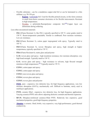 55
– Flexible substrates - can be a standalone copper-clad foil or can be laminated to a thin
stiffener, e.g. 50-130 µm
– Kapton, a polyimide foil. Used for flexible printed circuits, in this form common
in small form-factor consumer electronics or for flexible interconnects. Resistant
to high temperatures.
– Pyralux, a polyimide-fluoropolymer composite foil.[40]
Copper layer can
delaminate during soldering.
Less-often encountered materials:
– FR-1 (Flame Resistant 1), like FR-2, typically specified to 105 °C, some grades rated to
130 °C. Room-temperature punchable. Similar to cardboard. Poor moisture resistance.
Low arc resistance.
– FR-3 (Flame Resistant 3), cotton paper impregnated with epoxy. Typically rated to
105 °C.
– FR-5 (Flame Resistant 5), woven fiberglass and epoxy, high strength at higher
temperatures, typically specified to 170 °C.
– FR-6 (Flame Resistant 6), matte glass and polyester
– G-10, woven glass and epoxy - high insulation resistance, low moisture absorption, very
high bond strength. Typically rated to 130 °C.
– G-11, woven glass and epoxy - high resistance to solvents, high flexural strength
retention at high temperatures.[41]
Typically rated to 170 °C.
– CEM-1, cotton paper and epoxy
– CEM-2, cotton paper and epoxy
– CEM-3, non-woven glass and epoxy
– CEM-4, woven glass and epoxy
– CEM-5, woven glass and polyester
– PTFE, pure - expensive, low dielectric loss, for high frequency applications, very low
moisture absorption (0.01%), mechanically soft. Difficult to laminate, rarely used in
multilayer applications.
– PTFE, ceramic filled - expensive, low dielectric loss, for high frequency applications.
Varying ceramics/PTFE ratio allows adjusting dielectric constant and thermal expansion.
– RF-35, fiberglass-reinforced ceramics-filled PTFE. Relatively less expensive, good
mechanical properties, good high-frequency properties.
– Alumina, a ceramic. Hard, brittle, very expensive, very high performance, good thermal
conductivity.
 