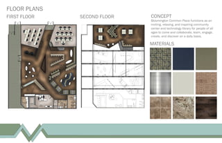 FLOOR PLANS
FIRST FLOOR SECOND FLOOR CONCEPT
Bloomington Common Place functions as an
inviting, relaxing, and inspiring community
center and technology library for people of all
ages to come and collaborate, learn, engage,
create, and discover on a daily basis.
MATERIALS
 