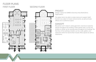 FLOOR PLANS
FIRST FLOOR SECOND FLOOR
PROJECT
Design a space for CAMEO (Columbus Area Multi-Ethnic
Organization)
The space had to be able to create revenue to support itself,
function as a place to house cultural events, as well as house
ofﬁces and a conference space
CONCEPT
My partner and I chose to utilize geometric volumes to build the
spaces throughout the building. These spaces open up into one
another to divide up the varying areas throughout the building. The
ﬁrst ﬂoor of the building is broken up into a cafe, gallery, and
restaurant while the second ﬂoor houses ofﬁce spaces as well as
classrooms.
 