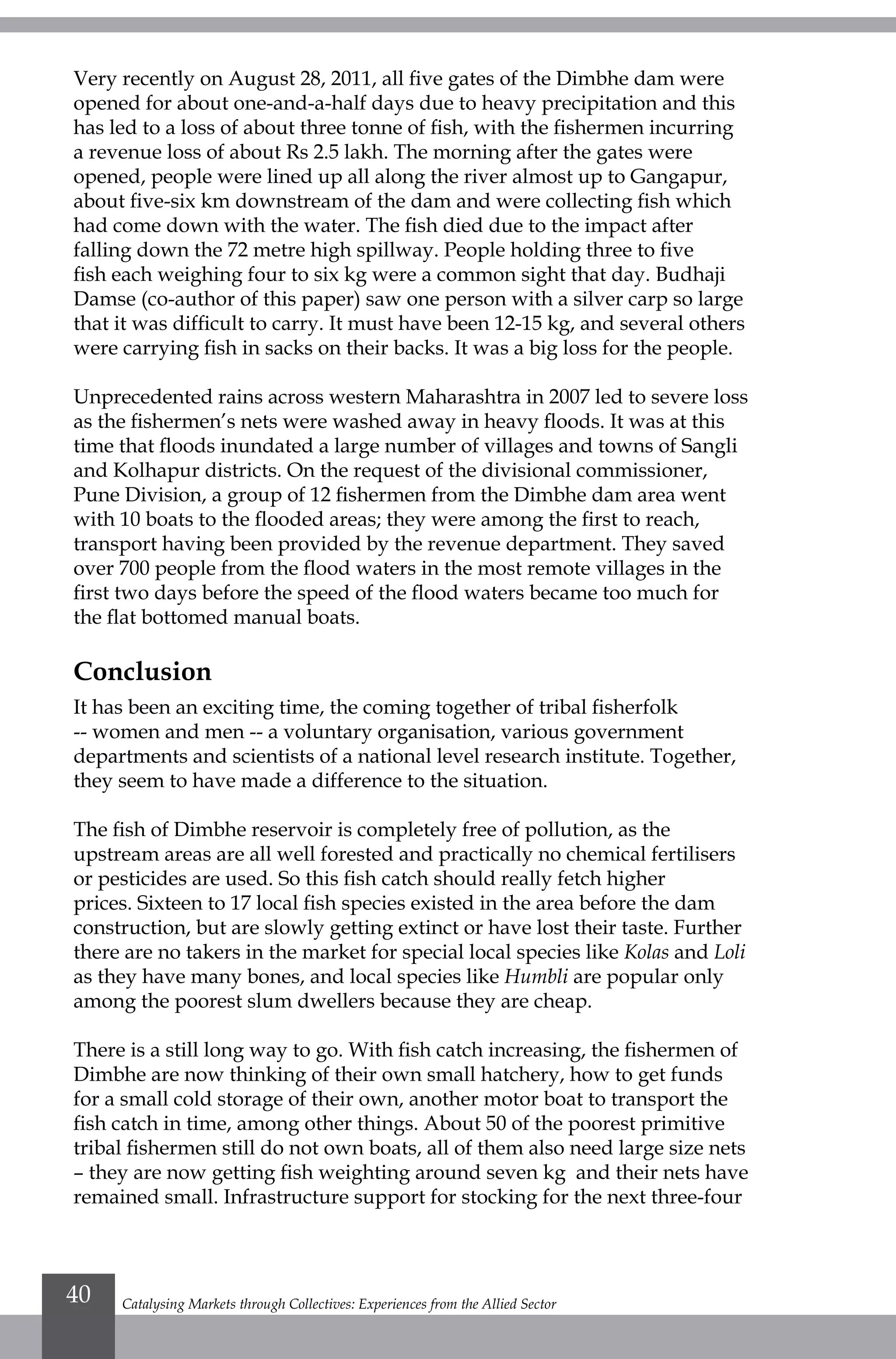 Very recently on August 28, 2011, all five gates of the Dimbhe dam were
opened for about one-and-a-half days due to heavy precipitation and this
has led to a loss of about three tonne of fish, with the fishermen incurring
a revenue loss of about Rs 2.5 lakh. The morning after the gates were
opened, people were lined up all along the river almost up to Gangapur,
about five-six km downstream of the dam and were collecting fish which
had come down with the water. The fish died due to the impact after
falling down the 72 metre high spillway. People holding three to five
fish each weighing four to six kg were a common sight that day. Budhaji
Damse (co-author of this paper) saw one person with a silver carp so large
that it was difficult to carry. It must have been 12-15 kg, and several others
were carrying fish in sacks on their backs. It was a big loss for the people.
Unprecedented rains across western Maharashtra in 2007 led to severe loss
as the fishermen’s nets were washed away in heavy floods. It was at this
time that floods inundated a large number of villages and towns of Sangli
and Kolhapur districts. On the request of the divisional commissioner,
Pune Division, a group of 12 fishermen from the Dimbhe dam area went
with 10 boats to the flooded areas; they were among the first to reach,
transport having been provided by the revenue department. They saved
over 700 people from the flood waters in the most remote villages in the
first two days before the speed of the flood waters became too much for
the flat bottomed manual boats.
Conclusion
It has been an exciting time, the coming together of tribal fisherfolk
-- women and men -- a voluntary organisation, various government
departments and scientists of a national level research institute. Together,
they seem to have made a difference to the situation.
The fish of Dimbhe reservoir is completely free of pollution, as the
upstream areas are all well forested and practically no chemical fertilisers
or pesticides are used. So this fish catch should really fetch higher
prices. Sixteen to 17 local fish species existed in the area before the dam
construction, but are slowly getting extinct or have lost their taste. Further
there are no takers in the market for special local species like Kolas and Loli
as they have many bones, and local species like Humbli are popular only
among the poorest slum dwellers because they are cheap.
There is a still long way to go. With fish catch increasing, the fishermen of
Dimbhe are now thinking of their own small hatchery, how to get funds
for a small cold storage of their own, another motor boat to transport the
fish catch in time, among other things. About 50 of the poorest primitive
tribal fishermen still do not own boats, all of them also need large size nets
– they are now getting fish weighting around seven kg and their nets have
remained small. Infrastructure support for stocking for the next three-four
Catalysing Markets through Collectives: Experiences from the Allied Sector40
 