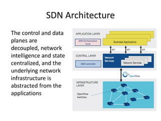 SDN Architecture
The control and data
planes are
decoupled, network
intelligence and state
centralized, and the
underlying network
infrastructure is
abstracted from the
applications
SDN Orchestration
Tools
SDN Controller
OpenFlow
Switches
 