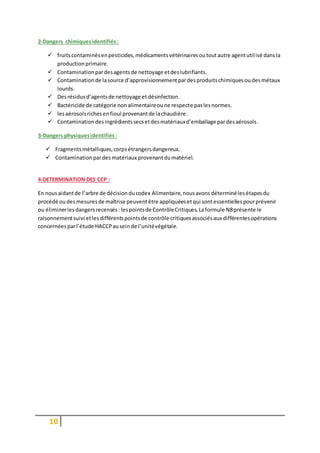 10
2-Dangers chimiquesidentifiés:
 fruitscontaminésenpesticides,médicamentsvétérinairesoutoutautre agentutilisé dansla
productionprimaire.
 Contaminationpardesagentsde nettoyage etdeslubrifiants.
 Contaminationde lasource d’approvisionnementpardesproduitschimiquesoudesmétaux
lourds.
 Desrésidusd’agentsde nettoyage etdésinfection.
 Bactéricide de catégorie nonalimentaireoune respecte paslesnormes.
 lesaérosolsrichesenfioul provenantde lachaudière.
 Contaminationdesingrédientssecsetdesmatériauxd’emballage pardesaérosols.
3-Dangers physiquesidentifiés :
 Fragmentsmétalliques,corpsétrangersdangereux.
 Contaminationpardes matériaux provenantdumatériel.
4-DETERMINATION DES CCP :
En nousaidantde l’arbre de décisionducodex Alimentaire, nousavons déterminélesétapesdu
procédé oudesmesuresde maîtrise peuventêtre appliquéesetqui sontessentiellespourprévenir
ou éliminerlesdangersrecensés:lespointsde ContrôleCritiques.Laformule N8présente le
raisonnementsuivi etlesdifférentspointsde contrôle critiquesassociésaux différentesopérations
concernéesparl’étude HACCPauseinde l’unitévégétale.
 