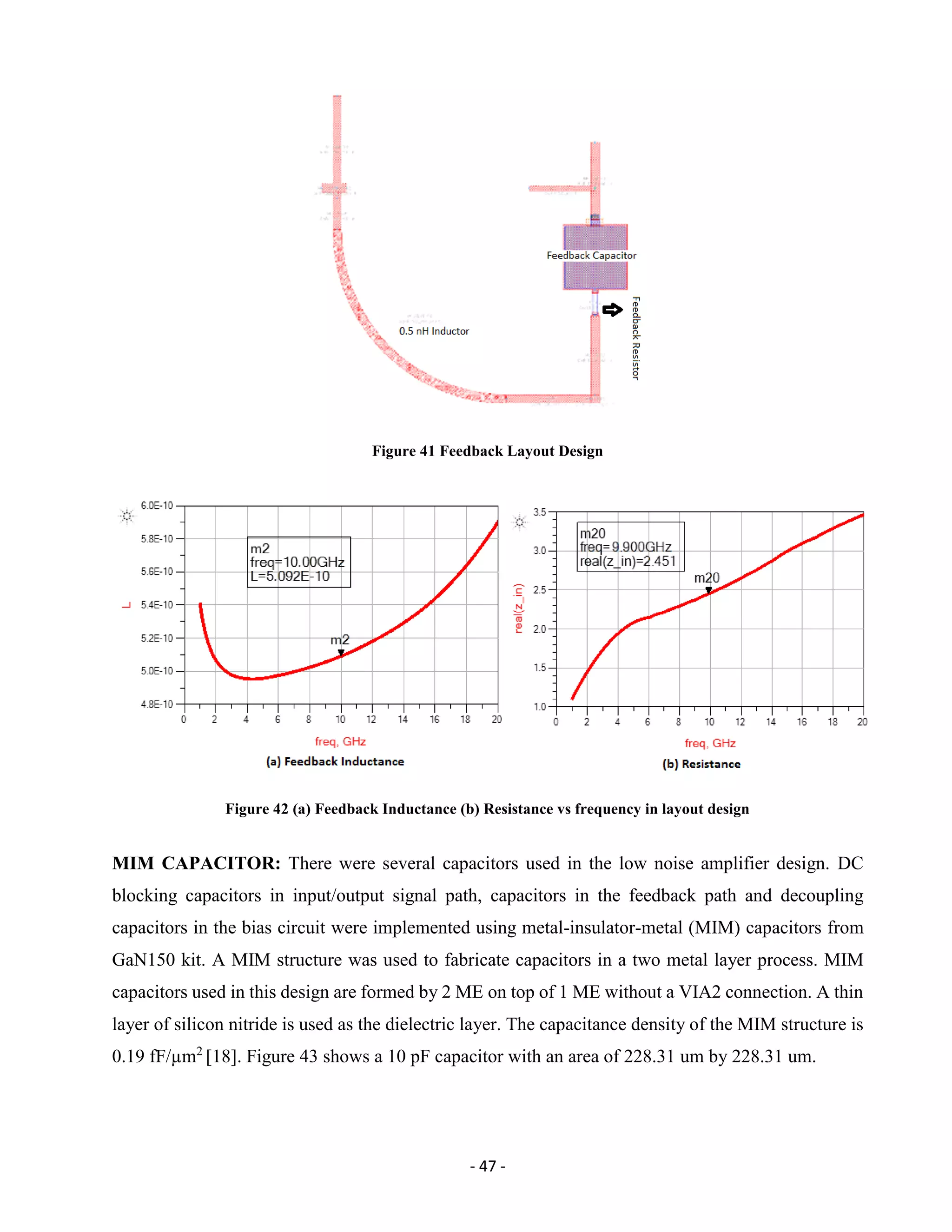 - 47 -
Figure 41 Feedback Layout Design
Figure 42 (a) Feedback Inductance (b) Resistance vs frequency in layout design
MIM CAPACITOR: There were several capacitors used in the low noise amplifier design. DC
blocking capacitors in input/output signal path, capacitors in the feedback path and decoupling
capacitors in the bias circuit were implemented using metal-insulator-metal (MIM) capacitors from
GaN150 kit. A MIM structure was used to fabricate capacitors in a two metal layer process. MIM
capacitors used in this design are formed by 2 ME on top of 1 ME without a VIA2 connection. A thin
layer of silicon nitride is used as the dielectric layer. The capacitance density of the MIM structure is
0.19 fF/µm2
[18]. Figure 43 shows a 10 pF capacitor with an area of 228.31 um by 228.31 um.
 