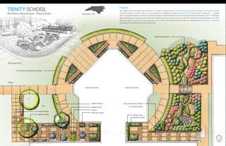 PROPOSED ADDITION
TURF
TABLES AND CHAIRS
6’BENCH
GROUND COVER
GROUND COVER
EVERGREEN SHRUBS
UPRIGHT GRASSES ROCK SALT FINISHED CONCRETE
2’X2’CONCRETE PAVERS
2’X2’CONCRETE PAVERS
2’X2’CONCRETE PAVERS
EDUCATIONAL DEMONSTRATION GARDEN
Perspective
Plan
TRINITY SCHOOL
McAdams: Bioretention / Plaza Design Durham, NC
PROPOSED ADDITION
PERSPECTIVE VIEW
BIORETENTION GARDEN
Program
We collaborated with Duda Paine Architects to create an opportunity for environmental education through a bioretention garden
showing students of how water can be slowed and infiltrated through the use of the correct plant community. I worked
with structural engineers to create an aesthetic way to cross the bioretention area while also hiding the retention basin. I developed
these renderings to help show the client how different colors and textures can within the landscape and hardscape can create
dynamic spaces around the new expansion of the school. The client loved the idea of creating areas for outdoor classrooms
throughout the landscape and hardscape areas.
 