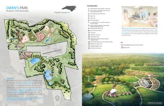 OWEN’S PARK
McAdams: Park Masterplan
Franklin County, NC
POND 4
POND 3
POND 2
POND 5
POND 1
MASSENBURG BAKER ROAD
1
2
3
4
5
6
7
8
8
8
8
9
10
11
12 13
13
14
15
16
17
17
18
We teamed with the Parks and Department for Franklin County
to create a park master plan using land donated to the County
for the purpose of a future regional park. We meet with the
community in a couple of public meetings to get user input and
engage them in ways that showed us what they would like to
see this park used for. The ultimate goal for this park master
plan was to recieve a $200,000 grant from the state. Franklin
County won this desired grant due to a true team effort of
our design team, the Franklin County staff, and enthusiastic
commuity members.
I developed this plan view rendering usings a combination of
GIS, hand graphics, Photoshop, and Indesign
Summary
ENVIRONMENTAL EDUCATION STATION
PUBLIC ART
1
PARK PROGRAM ELEMENTS
KEY
2
3
4
5
6
7
8
9
10
11
12
13
14
15
16
17
18
Half Mile Natural Surface Walking / Hiking Trails
50 Car Gravel Lot with Wheel Stops and 3 ADA
Spaces with New Park Sign
Youth Playground (Farming Theme)
Splash Pad
Nature Play
Rustic Amphitheater
Half Acre Wildflower Meadow / Demonstration
Garden and Maintenance Shed
Half Mile Asphalt Walking Trail
Summit walk with Public Art
Camp Sites
Gateway to Lower Park
Ornamental Orchard
Gravel Access Road with Security Gate and
Additional Parking
Environmental Education Center / Restroom Building
Fishing Pond Access / Dock
Walking/Hiking/Biking Trails
18 Hole Disk Golf Course
Collaborated with JJIllustration
to create this aerial perspective
+/- 5 acres Agri-tourism / Education Garden / Or-
chard with Shelter
We engaged community members by getting them involved in a
number of interactive design driven exercises such as the “create
your own park” exercise shown above. This gave the community
an opportunity to see what type of park program would work
best on this site.
PERSPECTIVE
VIEW
 