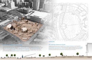 The Landscape’s Response to Sound
The goal when grading this site was to sculpt the land in response to the form of sound by using these
expanding patterns as forms that can overlap to create a melodic array of dynamic spaces. The main stage is
the most powerful origin of these forms. The slope of the land, vegetation, hardscapes, and on-site buildings
all respond to this point of origin. The bowled shape of the land within the large green space helps collect
sound during live performances and improves the overall experience for concert goers.
How Echo Park Relates to its Surroundings
Visual and physical relationships in an urban park prove vital to the success of a park. The obvious initial connection that
needs to be made within Echo Park is with the Raleigh Convention Center. The graphic above shows how the layout of Echo
Park frames the face of Shimmer Wall, building a language between the two blocks. The echoing granite bands seen in the
pavement of echo park don’t stop there. They would continue for a couple blocks. The bands would be flush with the
walking surface and would have historic musical events that have occurred in Raleigh throughout history. Each corner of
Echo Park offers open gathering spaces for people to connect before a big concert.
Grading Plan
 