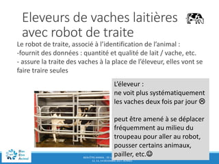 BIEN-ÊTRE ANIMAL : DE LA THÉORIE À LA PRATIQUE
12, 13, 14 DÉCEMBRE 2017, RENNES
Eleveurs de vaches laitières
avec robot de traite
Le robot de traite, associé à l’identification de l’animal :
-fournit des données : quantité et qualité de lait / vache, etc.
- assure la traite des vaches à la place de l’éleveur, elles vont se
faire traire seules
L’éleveur :
ne voit plus systématiquement
les vaches deux fois par jour 
peut être amené à se déplacer
fréquemment au milieu du
troupeau pour aller au robot,
pousser certains animaux,
pailler, etc.
 