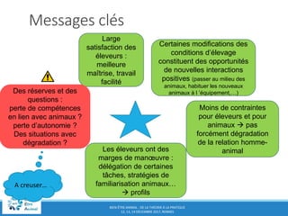 BIEN-ÊTRE ANIMAL : DE LA THÉORIE À LA PRATIQUE
12, 13, 14 DÉCEMBRE 2017, RENNES
Messages clés
Large
satisfaction des
éleveurs :
meilleure
maîtrise, travail
facilité
Moins de contraintes
pour éleveurs et pour
animaux  pas
forcément dégradation
de la relation homme-
animalLes éleveurs ont des
marges de manœuvre :
délégation de certaines
tâches, stratégies de
familiarisation animaux…
 profils
Des réserves et des
questions :
perte de compétences
en lien avec animaux ?
perte d’autonomie ?
Des situations avec
dégradation ?
Certaines modifications des
conditions d’élevage
constituent des opportunités
de nouvelles interactions
positives (passer au milieu des
animaux, habituer les nouveaux
animaux à l ’équipement,…)
A creuser…
 