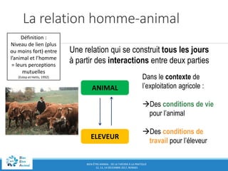BIEN-ÊTRE ANIMAL : DE LA THÉORIE À LA PRATIQUE
12, 13, 14 DÉCEMBRE 2017, RENNES
La relation homme-animal
ANIMAL
ELEVEUR
Une relation qui se construit tous les jours
à partir des interactions entre deux parties
Dans le contexte de
l’exploitation agricole :
Des conditions de vie
pour l’animal
Des conditions de
travail pour l’éleveur
Définition :
Niveau de lien (plus
ou moins fort) entre
l’animal et l’homme
= leurs perceptions
mutuelles
(Estep et Hetts, 1992)
 