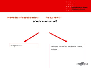 Promotion of entrepreneurial “know-hows “
Companies from the third year after the founding
(holdings)
Who is sponsored?
Young companies
 
