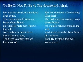 But that the dread of something
after death,
The vndiscouered Countrey,
from whose Borne
No Traueller returnes, Puzels
the will,
And makes vs rather beare
those illes we haue,
Then flye to others that we
know not of.
But that the dread of something
after death,
The undiscovered country from
whose bourn
No traveler returns, puzzles the
will,
And makes us rather bear those
ills we have
Than fly to others that we
know not of.
To Be Or Not To Be 4: The downward spiral.
 