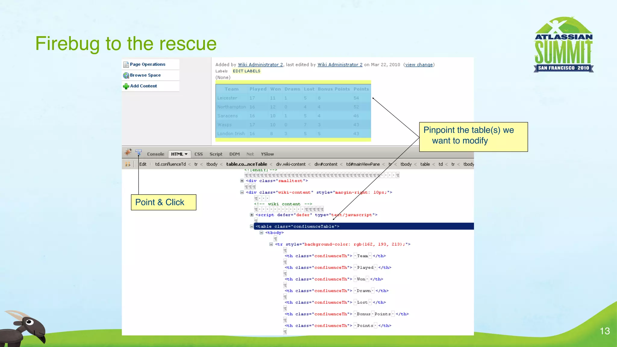 Firebug to the rescue



                           Pinpoint the table(s) we
                             want to modify




           Point & Click




                                                      13
 