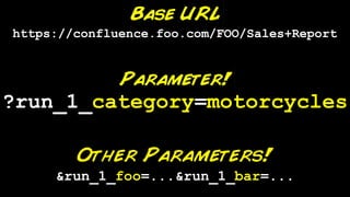 https://confluence.foo.com/FOO/Sales+Report




?run_1_category=motorcycles

        Other Parameters!
     &run_1_foo=...&run_1_bar=...
 