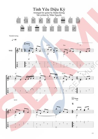 Tình Yêu Diệu Kỳ
Arranged for guitar by Hadan Klong
Tab written by Nhân Nguyễn
1/3
= 85
1
G
1
2
D/F#
1
Em
1
2
C
1
D
1
G
11...