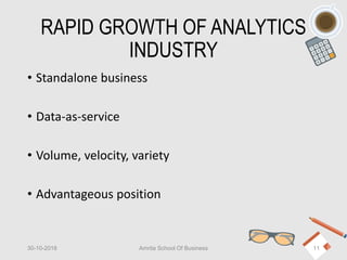 RAPID GROWTH OF ANALYTICS
INDUSTRY
• Standalone business
• Data-as-service
• Volume, velocity, variety
• Advantageous position
30-10-2018 Amrita School Of Business 11
 
