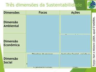 11
Três dimensões da Sustentabilidade
Dimensões Focos Ações
Dimensão
Ambiental
Proteção e preservação do
ambiente, cuidados com os
recursos renováveis, gestão
de resíduos e gestão dos
riscos e impactos.
Respeitar as limitações
naturais, racionalizar
recursos não renováveis,
potencializar o uso de
recursos e manter a
biodiversidade.
Dimensão
Econômica
Resultados Econômicos,
direitos dos acionistas,
competitividade e relação
entre clientes e
fornecedores.
Desenvolvimento
econômico, segurança
alimentar, modernização
contínua, e maximização
da utilização dos
recursos.
Dimensão
Social
Direitos Humanos,
trabalhadores,
envolvimento com a
comunidade, transparência
e postura ética.
Inclusão Social, saúde e
segurança, aspectos
políticos, aspectos
culturais e qualidade de
vida.
Fonte:
Hart
e
Milstein
(2004,
apud
D’AMORIM,
 