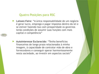 Quatro Posições para RSC
 Laissez-Faire: “A única responsabilidade de um negócio
é gerar lucro, emprego e pagar impostos dentro da lei e
se estiver fazendo isso com prosperidade os governos
terão condições de assumir suas funções com mais
capital e competência”
 Autointeresse Esclarecido: “Tenho benefícios
financeiros de longo prazo relacionados à minha
imagem, à capacidade de contratar mão de obra e
fornecedores e conseguir operar harmoniosamente
nesta sociedade, ao investir em aspectos sociais”
 