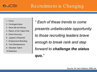 Recruitment is Changing “  Each of these trends to come presents unbelievable opportunity to those recruiting leaders brave enough to break rank and step forward to  challenge the status quo. ” Churn Contingent labor Show Me the Money Return of the Talent War Direct Sourcing Jugaad is Required Employment Branding Tool Obsolescence Obsolete Talent Retention Source: Dr John Sullivan, ERE.net 