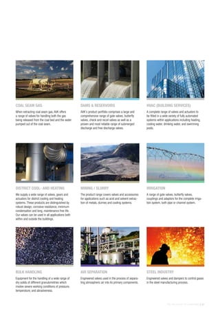 THE AVK GROUP OF COMPANIES | 31
Equipment for the handling of a wide range of
dry solids of different granulometries which
involve severe working conditions of pressure,
temperature, and abrasiveness.
We supply a wide range of valves, gears and
actuators for district cooling and heating
systems. These products are distinguished by
robust design, corrosive resistance, minimum
condensation and long, maintenance free life.
Our valves can be used in all applications both
within and outside the buildings.
When extracting coal seam gas, AVK offers
a range of valves for handling both the gas
being released from the coal bed and the water
pumped out of the coal seam.
Engineered valves used in the process of separa-
ting atmospheric air into its primary components.
The product range covers valves and accessories
for applications such as acid and solvent extrac-
tion of metals, slurries and cooling systems.
AVK’s product portfolio comprises a large and
comprehensive range of gate valves, butterfly
valves, check and recoil valves as well as a
proven and most reliable range of submerged
discharge and free discharge valves.
Engineered valves and dampers to control gases
in the steel manufacturing process.
A range of gate valves, butterfly valves,
couplings and adaptors for the complete irriga-
tion system, both pipe or channel system.
A complete range of valves and actuators to
be fitted in a wide variety of fully automated
systems within applications including heating,
cooling water, drinking water, and swimming
pools.
BULK HANDLING
DISTRICT COOL- AND HEATING
COAL SEAM GAS
AIR SEPARATION
MINING / SLURRY
DAMS & RESERVOIRS
STEEL INDUSTRY
IRRIGATION
HVAC (BUILDING SERVICES)
 
