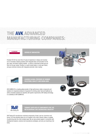 THE AVK GROUP OF COMPANIES | 39
THE AVK ADVANCED
MANUFACTURING COMPANIES:
AVK GUMMI A/S is a leading global provider of high performance rubber components and
solutions for recognized producers of equipment for drinking water, food and healthcare as
well as innovative solutions for industries with specific requirements.AVK Sealing Technology
is a subsidiary to AVK GUMMI A/S.
LEADING GLOBAL PROVIDER OF RUBBER
SOLUTIONS, QUALITY AND KNOW-HOW
AVK Tooling A/S manufactures machined components of steel, cast iron, aluminium and
bronze. Our long-standing status as an A supplier to the motor industry makes us capable
of performing even the most complex tasks. We can also provide support in connection with
development projects, construct and manufacture prototypes, and carry out machining of all
kinds.
TURNKEY SUPPLIER OF COMPONENTS FOR THE
METALWORKING AND ENGINEERING INDUSTRY
Flonidan DC A/S has more than 25 years of experience in design and manufac-
ture of innovative metering solutions with integrated data communication for the
gas, water, and district heating markets - as well as customised turnkey gas sta-
tions for the gas market. Flonidan is a world market leader in smart gas meters
and gas conversion devices with integrated automatic meter reading.
DRIVEN BY INNOVATION
AVK Tooling A/S
 