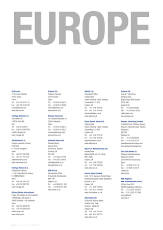 44 | THE AVK GROUP OF COMPANIES
OrbiFrance
22 Rue Jean Rostand
69740 Genas
France
Tel:	 +33 478 04 01 25
Fax:	 +33 478 04 03 56
france@orbinox.com
www.orbinox.com
InterApp Italiana S.r.l.
Via Gramsci 29
I-20016 Pero (MI)
Italy
Tel: 	 +39 02-339371
Fax:	 +39 02-33937200
info@it.interapp.net
www.interapp.net
AVK Válvulas S.A.
Polígono Industrial Francolí
Parcela 27
ES-43006 Tarragona
Spain
Tel: 	 +34 977 543 008
Fax:	 +34 977 541 622
avk@avkvalvulas.com
www.avkvalvulas.com
InterApp Valcom S.A.
Calderon de la Barca,
12-14, Paracuellos de Jarama,
ES-28860 Madrid
Spain
Tel: 	 +34 916 584 128
Fax:	 +34 916 582 755
www.interapp.net
Orbinox Valves International
Parque Tecnológico de San Sebastián
P. Mikeletegui, 56-planta 3
20009 Donostia - San Sebastián
Spain
Tel: 	 +34 943 69 80 30
Fax:	 +34 943 30 92 83
ovi@orbinox.com
www.orbinox.com
Orbinox S.A.	
Poligono industrial
20270 Anoeta
Spain
Tel:	 +34 943 69 80 30
Fax:	 +34 943 65 30 66
orbinox@orbinox.com
www.orbinox.com
Orbinox Comercial
Pol. Industrial Beotibar s/n
20491 Belauntza,
Spain
Tel:	 +34 943 69 80 30
Fax:	 +34 943 65 30 22
comercial@orbinox.com
www.orbinox.com
Glenfield Valves Ltd.
Glenfield Works
Queens Drive
Kilmarnock, Ayrshire
Scotland, UK
KA1 3XF
Tel:	 +44 1563 521150
Fax:	 +44 1563 545616
sales@glenfield.co.uk
www.glenfield.co.uk
AVK UK Ltd.
Northampton Office
8 Rushmills, Northampton
NN4 7YB
England, UK
Tel: 	 +44 1604 601 188
Fax:	 +44 1604 604 818
www.avkuk.co.uk
AVK UK Ltd.
Chesterfield Office
Colliery Close
Ireland Industrial Estate, Staveley,
Chesterfield S43 3FH
England, UK
Tel:	 +44 1246 479100
Fax: 	 +44 1246 479200
enquiries@avkuk.co.uk
www.avkuk.co.uk
Bryan Donkin Valves Ltd.
Colliery Close
Ireland Industrial Estate, Staveley,
Chesterfield S43 3FH
England, UK
Tel:	 +44 1246 479100
Fax:	 +44 1246 479225
enquiries@avkuk.co.uk
www.avkuk.co.uk
Aqua-Gas Manufacturing Ltd.
Arnsley Road
Weldon North Ind. Est., Corby
NN17 5QW
England, UK
Tel:	 +44 1536 275910
Fax:	 +44 1536 204256
www.avkuk.co.uk
Invicta Valves Limited
Units 10-11, Boxmend, Bircholt Road
Parkwood Industrial Estate, Maidstone
Kent ME15 9XT
England, UK
Tel:	 +44 1622 754613
Fax:	 +44 1622 750436
www.invictavalves.co. uk
AVK Syddal Ltd.
PO Box 46, Ruscoe Works
Dunkirk Lane, Hyde
Cheshire SK14 4PL
England, UK
Tel:	 +44 1246 479140
Fax:	 +44 1613 685719
www.avkuk.co.uk
Orbinox U.K.
Units 6-7 Clock Park
Shripney Road
Bognor Regis-West Sussex
PO22 9NH
England, UK
Tel:	 +44 1243 810240
Fax:	 +44 1243 87 00 40
uk@orbinox.com
www.orbinox.com
Damper Technology Limited	
1 Rutland Court- Manners Avenue
Manners Industrial Estate- Ilkeston,
Derbyshire
DE7 8EF
England, UK
Tel:	 +44 115 9324046
Fax:	 +44 115 32 40 47
sales@dampertechnology.com
www.dampertechnology.com
CYL Knife Valves S.L.
Poligono Industrial Ibarluze
Pabellones B1/B2
20120 Hernani (Guipuzcoa)
Spain
Tel:	 +34 943 33 31 30
Fax:	 +34 943 33 28 74
cyl@cyl.es
www.cyl.es
AVK Maghreb
AVK Representative Office
40 Rue Omar Riffi
20000 Casablanca, Morocco
Tel:	 +212 0 522 293 812
Fax:	 +212 0 522 221 992
vion.gv@avk.fr
www.avk.fr
EUROPE
 
