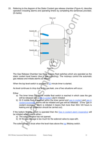 richardsmith@asia.com
8014 Written Assessment Marking Schedule.doc Genesis Energy 12
33. Referring to the diagram of the Stator Coolant gas release chamber (Figure 4), describe
operation including alarms and operating timers by completing the sentences provided.
(6 marks)
Figure 4
The Gas Release Chamber has three mobrey float switches which are operated as the
stator coolant level lowers (due to gas collecting). The mobreys control the automatic
gas release and initiate alarms as follows.
When the top level switch is operated a 20 minute timer is started.
As level continues to drop due to the gas leak, one of two situations will occur.
Either
a) The timer times out before middle float switch is reached in which case the gas
will be released and a gas in coolant alarm initiated
b) Or if middle float is reached within the timer period and gas in coolant and gas in
coolant excessive alarms will be initiated and gas will be released. (If the "gas in
coolant excessive" alarm is initiated it means that more than 50m³/24 hours is
leaking and an inspection should be carried out).
If the bottom Mobrey switch is operated then the Gas in coolant alarm inoperative will
be initiated which means either:-
a) The solenoid valve has not opened.
b) Or the gas leakage is too much for the solenoid valve to cope with.
The solenoid valve shuts when the level rises above the top Mobrey switch.
 
