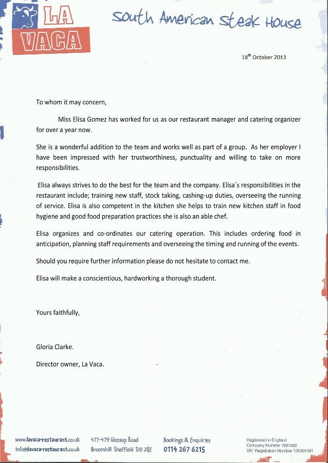 la vaca restaurant elisa reference letter mod restaurant reference letters