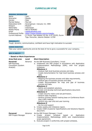Page 1 of 6
CURRICULUM VITAE
PERSONAL INFORMATION
Name : Juari
Nickname : Masdju
Gender : Male
Marital Status : Married
Date/place birth : Karanganyar / January 15, 1985
Religion : Moslem
Nationality : Indonesian
Mobile Phone : 081317838582
Email : masdju@yahoo.com
Professional Profile : https://www.linkedin.com/in/masdju
Current Address : Jl. Duren Tiga Selatan VII No. 6 RT 03/02, Duren
Tiga, Pancoran, Jakarta Selatan 12760
PERSONALITY
Tough, dynamic, communicative, confident and have high motivation to succeed.
CAREER OBJECTIVE
Take your career opportunity and do the best of me to give a successful for your company.
SKILL & ABILITY
Based on Work Experiences
Area/Sub-area Level Short Description
Personal/
ERP Business
Consultant (System
Analyst)
Advance As the ERP Business Consultant, I must:
a. Implement the ERP project in accordance with Application
Implementation Methodology (AIM), with five project
milestone:
Milestone-1
- Analyze high level business process and data,
- Create documentation for high level business process and
data.
Milestone-2
- Mapping the business process and data requirements,
- Analyze gap of business process and data,
- Create documentation for map and gap of business
process and data.
Milestone-3
- Define and establish solutions,
- Create and develop technical specifications document.
Milestone-4
- Create security matrix and set permission,
- Perform data migration,
- Perform process solution testing base on Conference Room
Pilot (CRP) method,
- Perform key user and end user training.
Milestone-5
- Go live and support
b. Create weekly and milestone report,
c. Create CSSR (Customer Specifications and Solutions Report)
document.
Personal/
ERP Project Manager
Advance As the ERP Project Manager, I must:
a. Create project schedule based on Application
Implementation Methodology (AIM) and implementation
scope agreement,
b. Execute project in conformity with project schedule,
 