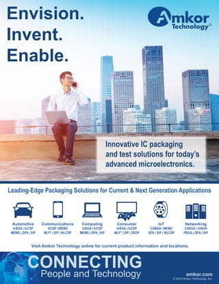 Envision.
Invent.
Enable.
Leading-Edge Packaging Solutions for Current & Next Generation Applications
Innovative IC packaging
and test solutions for today’s
advanced microelectronics.
Visit Amkor Technology online for current product information and locations.
Automotive
fcBGA | fcCSP
MEMS | QFN | SiP
Communications
fcCSP | MEMS
MLF®
| SiP | WLCSP
Computing
fcBGA | fcCSP
MEMS | QFN | SiP
Consumer
fcBGA | fcCSP
MLF®
| SiP | SSOP
IoT
CABGA | MEMS
QFN | SiP | WLCSP
Networking
CABGA | fcBGA
PBGA | QFN | SiP
CONNECTING
People and Technology © 2016 Amkor Technology, Inc.
amkor.com
 