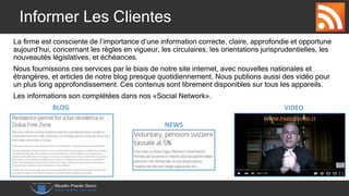 Informer Les Clientes
La firme est consciente de l’importance d’une information correcte, claire, approfondie et opportune
aujourd’hui, concernant les règles en vigueur, les circulaires, les orientations jurisprudentielles, les
nouveautés législatives, et échéances.
Nous fournissons ces services par le biais de notre site internet, avec nouvelles nationales et
étrangères, et articles de notre blog presque quotidiennement. Nous publions aussi des vidéo pour
un plus long approfondissement. Ces contenus sont librement disponibles sur tous les appareils.
Les informations son complétées dans nos «Social Network».
VIDEO
NEWS
BLOG
 