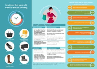 Few items that were sold
within 5 minutes of listing 86%
76%
63%
43%
72%
69%
57%
81%
83%
78%
89%
US adults familiar with the sharing economy
perceive many beneﬁts to it
They are re-thinking the value of ownership
But they have some concerns
agree it makes life more aﬀordable
agree it’s beƩer for the environment
agree it is more fun than engaging with
tradiƟonal companies
agree owning today feels like a burden
they feel that the sharing economy
experience is not consistent
agree it makes life more convenient
and eﬃcient
agree it builds a stronger community
agree it is based on trust between
provideres and users
agree it is less expensive to share goods
than to own them individually
will not trust sharing economy companies unƟl
they are recommonded by someone they trust
agree access is the new ownership
Michael Kors tote
UGG Australia boots
Coach wristletTory Burch flats
Ralph Lauren
Collection boots
Banana Republic
cross-body bag Luxury
consumer segmen
tation
HENRYs - High earning, not rich
yet. This segment include elite
upper middle class population
that has been growing
significantly over the last few
years. Young professionals and
working women constitute key
segments in this category and
they are more conscious about
their social status.
Windfall consumers, who
witness sudden changes in their
consumption habits as a result of
any windfall gains
Traditionally wealthy
individuals who are born
in rich industrial families
Individuals with high net
worth, who have worked
diligently to make a name for
themselves in their business
circles. These include C-level
professionals, doctors,
accountants and lawyers
Thus owing to India’s consumer diversity, luxury players eyeing this market need to
apply a segmented approach and sharpen their brand strategies.
Growing fast, shops more prominent brands
and products. Consumes luxury items as an
indulgence, but regards it as necessity
Key drivers for luxury consumption are beauty,
style and individuality
High business acumen, thus spend wisely. May
also buy counterfeit products to gain social
status at reasonable costs
Sudden monetary gains leads to
aspirational shopping, depending on
accessibility and awareness
Higher propensity to experiment with brands
to become the first in their circle to adopt new
brand. That is why they are always aware about
latest globel trends and fulfill their requirement
through luxury shopping
More impulse shopping, with focus on
exclusivity and brand popularity to maintain
flamboyant lifestyles.
*The Sharing Economy: Consumer Intelligence Series - Report by PwC*ANNUAL RESALE REPORT by thredUP *India luxury summit 2014 - Report by KPMG ASSOCHAM
Luxury Consumer Segmentation
Already existing
Upcoming and Potential Behavior Characteristics
Behavior Characteristics
 