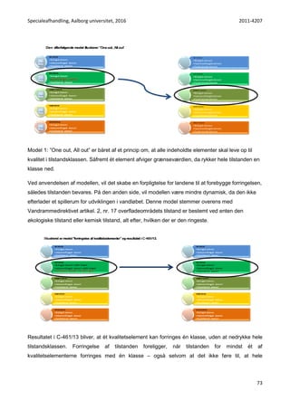 Specialeafhandling, Aalborg universitet, 2016 2011-4207
73
Model 1: ”One out, All out” er båret af et princip om, at alle indeholdte elementer skal leve op til
kvalitet i tilstandsklassen. Såfremt ét element afviger grænseværdien, da rykker hele tilstanden en
klasse ned.
Ved anvendelsen af modellen, vil det skabe en forpligtelse for landene til at forebygge forringelsen,
således tilstanden bevares. På den anden side, vil modellen være mindre dynamisk, da den ikke
efterlader et spillerum for udviklingen i vandløbet. Denne model stemmer overens med
Vandrammedirektivet artikel. 2, nr. 17 overfladeområdets tilstand er bestemt ved enten den
økologiske tilstand eller kemisk tilstand, alt efter, hvilken der er den ringeste.
Resultatet i C-461/13 bliver, at ét kvalitetselement kan forringes én klasse, uden at nedrykke hele
tilstandsklassen. Forringelse af tilstanden foreligger, når tilstanden for mindst ét af
kvalitetselementerne forringes med én klasse – også selvom at det ikke føre til, at hele
 