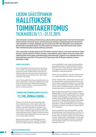 Vuosikertomus 2015
10
HALLITUKSEN
TOIMINTAKERTOMUS
TILIKAUDELTA 1.1.–31.12.2015
LIEDON SÄÄSTÖPANKIN
PANKIN LIIKETOIMINTA
Liedon Säästöpankin liiketoiminnan kasvu ja tulos saa-
vuttivat pankin toimintasuunnitelmassaan tilikaudelle
asettamat tavoitteet. Pankki keskittyi toimintasuunni-
telmansa mukaisesti parantamaan kannattavuuttaan ja
asiakaspalveluprosessien tehostamiseen sekä markki-
naosuuden nostamiseen.
Liedon Säästöpankki harjoittaa peruspankkitoimintaa ja
tarjoaa asiakkailleen monipuolisia pankkipalveluja sekä
oman taseensa kautta että välittää yhteistyökumppa-
neidensa tuotteita. Välitetyt tuotteet käsittävät luotto-,
sijoitus- ja vakuutustuotteita.
	
Välitetyt luotot koostuvat Aktia Hypoteekkipankki
Oyj:n kiinnitysluotoista, joiden määrä vuoden 2015
lopussa oli 52,7 miljoonaa euroa. Aktia Hypoteekki-
pankki ei enää katsauskaudella ole myöntänyt uusia
asuntoluottoja, vaan uuslainananto tapahtuu pankkien
omista taseista. Pankilla on jälleenrahoitusvelvoite välit-
tämiinsä kiinnitysluottoihin. Pankki on tilikauden aikana
siirtänyt Aktia Hypoteekkipankki Oyj:stä 93,2 miljoonaa
euroa luottoja omaan taseeseen.
Sijoitustuotteina pankin tuotevalikoimaan kuuluvat
Sp-Rahastoyhtiö Oy:n rahastot sekä SEB Varainhoito
Suomi Oy ja SEB:n rahastot ja indeksilainat. Pankki
tarjoaa asiakkailleen myös omaisuudenhoitopalvelua,
jossa salkunhoitajana on Sp-Rahastoyhtiö Oy. Varain-
hoidossa olevien varojen määrä oli vuoden vaihteessa
38,0 miljoonaa euroa (28,4). Lisäksi pankki tarjoaa
asiakkailleen osakevälityspalveluja.
Vuoden lopussa asiakkailla oli pankin välittämiä rahas-
to- ja vakuutussäästöjä 182,0 miljoonaa euroa (144,9).
Pankin välittämät eläke- ja henkivakuutustuotteet tuot-
taa säästöpankkien omistama Sp-Henkivakuutus, joka
tarjoaa pankin asiakkaille nykyaikaisia ja eri tilanteisiin
sopivia vakuutussäästämisen tuotteita. Valikoima sisäl-
tää mm. säästö- ja eläkevakuutukset, lainaturvan, kapi-
talisaatiosopimuksen ja varainhoitovakuutuksen.
Maksujenvälityksessä pankki käyttää Säästöpankkien
Keskuspankki Suomi Oyj:n maksujenvälitys- ja clearing-
palveluja. Säästöpankkien Keskuspankki kuuluu Säästö-
pankkien yhteenliittymään ja sen tehtävänä on myös
varmistaa Säästöpankkiryhmän likviditeetti ja tukku-
varainhankinta. Säästöpankkien Keskuspankki hankkii
rahoitusta ja operoi Säästöpankkiryhmän puolesta ra-
hamarkkina- ja pääomamarkkinoilla ja hoitaa maksujen
selvityksen ja huolehtii myös Ryhmän sisäisestä likvidi-
teetin tasauksesta.
Kiinteistönvälittäjänä toimii säästöpankkien oma kiin-
teistönvälitysketju, jonka keskusyhtiönä on Sp-Koti Oy.
Sp-Koti -ketju toimii franchising-periaatteella, jossa it-
senäiset yhtiöt muodostavat pankin kanssa yhteistyössä
toimivan valtakunnallisen välittäjäketjun. Liedon Sääs-
töpankin yhteistyökumppaneina pankin toimialueella
toimivat Sp-Koti-yrittäjät Turun Asuntomyynti Oy ja
Välitysliike Turku Oy.
Liedon Säästöpankin tuloskehitys ja liiketoiminnan kasvu jatkuivat edellisvuosien tapaan hyvänä. Pankki keskittyi toimintasuunni-
telmansa mukaisesti kannattavaan kasvuun, markkinaosuutensa parantamiseen ja asiakaspalveluprosessiensa tehostamiseen.
Liedon Säästöpankki on itsenäinen säästöpankki, joka on perustettu vuonna 1895. Liedon Säästöpankki kuuluu Säästöpankkien
yhteenliittymään ja Säästöpankkiryhmään. Vuosi 2015 oli pankin 120. toimintavuosi. Pankki toimii Varsinais-Suomen alueella.
Pankin asiakaskunnasta pääosa on yksityisasiakkaita ja pienyrityksiä.
Pankin asiakasmäärä oli tilikauden päättyessä yli 52 100. Pankilla on yhteensä 9 konttoria; Turussa kolme sekä konttorit Liedossa,
Kaarinassa, Loimaalla, Naantalissa, Paimiossa ja Raisiossa. Pankin pääkonttori sijaitsee Liedossa. Konttoreissa asioinnin lisäksi
asiakkaat käyttävät Internet-pankkia, palveluautomaatteja ja käteisautomaatteja. Itsepalvelun osuus asiakkaiden kaikista perus-
palvelutapahtumista vuonna 2015 oli 95,8 prosenttia (95,3). Vuoden lopussa lähes 20 300 pankin asiakkaalla oli Internet-
pankkisopimus (19 800).
1986 Nykyinen uudisrakennus valmistuu Lietoon.1984 Talletukset yli 100 miljoonaa markkaa.
LIEDON SÄÄSTÖPANKIN VUODET
PANKIN LIIKETOIMINNALLINEN TULOS OLI
11,2 MILJOONAA EUROA(9,4).
 