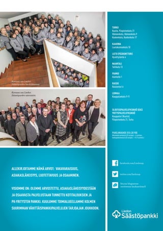 TURKU
Kuutio, Yliopistonkatu 21
Hämeenkatu, Hämeenkatu 9
Kaskenkatu, Kaskenkatu 17
KAARINA
Lautakunnankatu 10
LIETO (PÄÄKONTTORI)
Hyvättyläntie 4
NAANTALI
Tullikatu 13
PAIMIO
Asematie 1
RAISIO
Raisiontori 6
LOIMAA
Kauppalankatu 9-11
SIJOITUSPALVELUYKSIKKÖ SEKÄ
YRITYSPALVELUYKSIKKÖ
Kauppatori (Kuutio),
Yliopistonkatu 21, Turku
PUHELINVAIHDE 010 430 900
(Kiinteästä verkosta 8,35 snt/puh. + 6 snt/min.,
matkapuhelimesta 8,35 snt/puh. + 17,17 snt/min.)
facebook.com/Liedonsp
twitter.com/liedonsp
Seuraa blogiamme
osoitteessa kaukaaviisas.fi
ALLEKIRJOITAMME NÄMÄ ARVOT: VAKAVARAISUUS,
ASIAKASLÄHEISYYS, LUOTETTAVUUS JA OSAAMINEN.
VISIOMME ON: OLEMME ARVOSTETTU, ASIAKASLÄHEISYYDESTÄÄN
JA OSAAVASTA PALVELUSTAAN TUNNETTU KOTITALOUKSIEN JA
PK-YRITYSTEN PANKKI. KUULUMME TOIMIALUEELLAMME KOLMEN
SUURIMMAN VÄHITTÄISPANKKIPALVELUJEN TARJOAJAN JOUKKOON.
Kuvassa osa Liedon
Säästöpankin henkilökuntaa.
Kuvassa osa Liedon
Säästöpankin isännistöä.
 