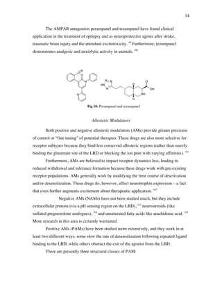 14
The AMPAR antagonists perampanel and tezampanel have found clinical
application in the treatment of epilepsy and as neuroprotective agents after stroke,
traumatic brain injury and the attendant excitotoxicity. 99
Furthermore, tezampanel
demonstrates analgesic and anxiolytic activity in animals. 100
Allosteric Modulators
Both positive and negative allosteric modulators (AMs) provide greater precision
of control or “fine tuning” of potential therapies. These drugs are also more selective for
receptor subtypes because they bind less conserved allosteric regions (rather than merely
binding the glutamate site of the LBD or blocking the ion pore with varying affinities). 101
Furthermore, AMs are believed to impact receptor dynamics less, leading to
reduced withdrawal and tolerance formation because these drugs work with pre-existing
receptor populations. AMs generally work by modifying the time course of deactivation
and/or desensitization. These drugs do, however, affect neurotrophin expression – a fact
that even further augments excitement about therapeutic application. 102
Negative AMs (NAMs) have not been studied much, but they include
extracellular protons (via a pH sensing region on the LBD), 103
neurosteroids (like
sulfated pregnenolone analogues), 104
and unsaturated fatty acids like arachidonic acid. 105
More research in this area is certainly warranted.
Positive AMs (PAMs) have been studied more extensively, and they work in at
least two different ways: some slow the rate of desensitization following repeated ligand
binding to the LBD, while others obstruct the exit of the agonist from the LBD.
There are presently three structural classes of PAM:
Fig 10: Perampanel and tezampanel
 